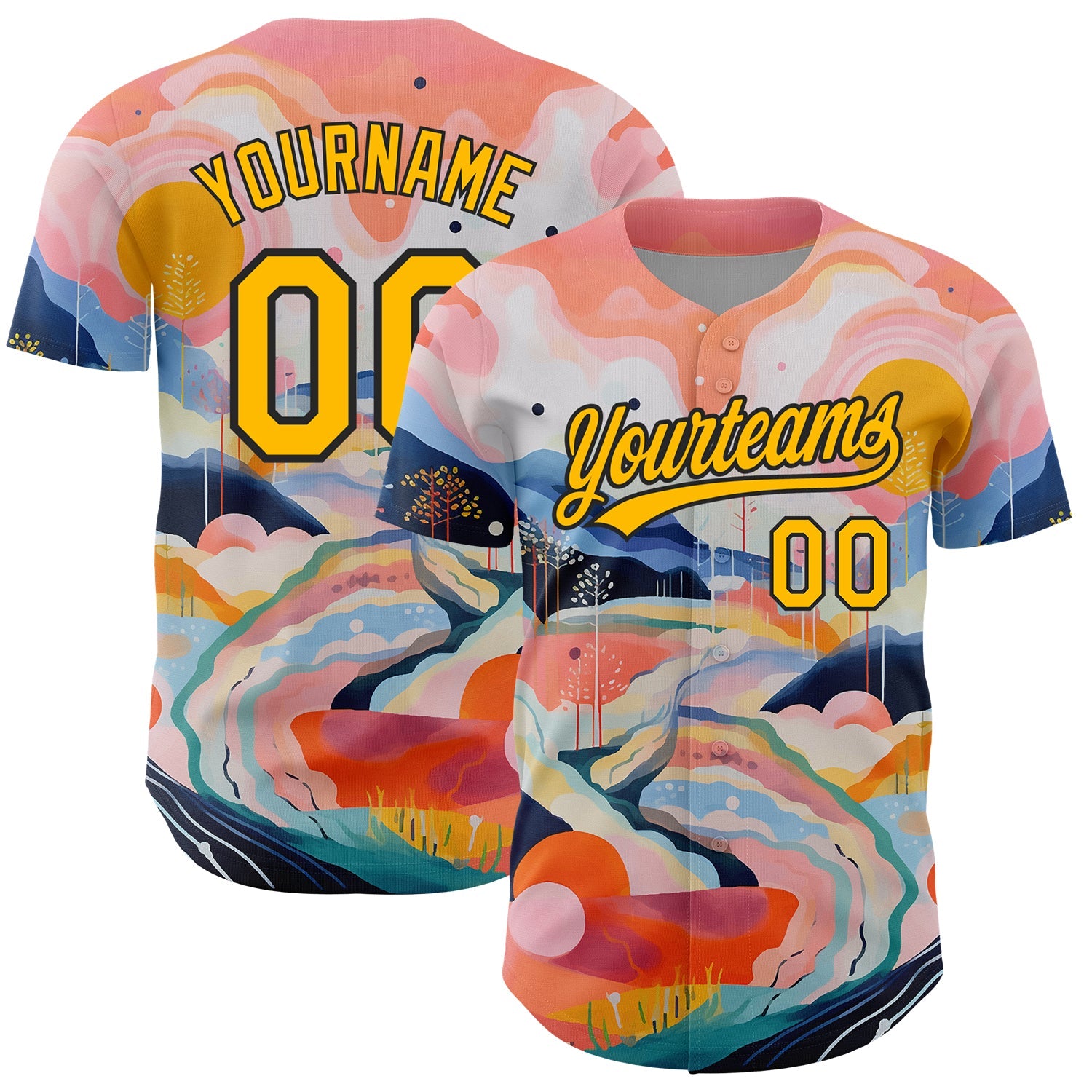 Custom Medium Pink Gold-Black 3D Pattern Design Abstract Painting Authentic Baseball Jersey - Main View