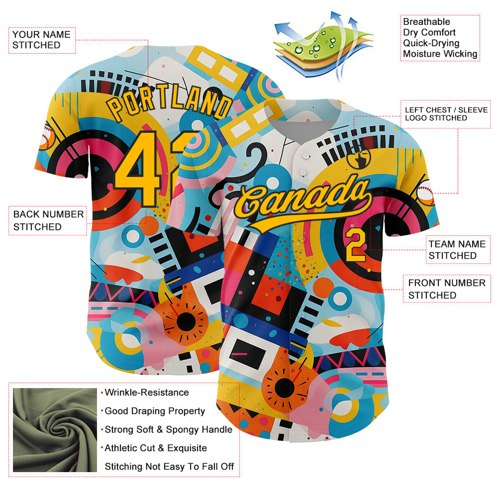 Custom White Gold-Black 3D Pattern Design Abstract Painting Authentic Baseball Jersey view 3