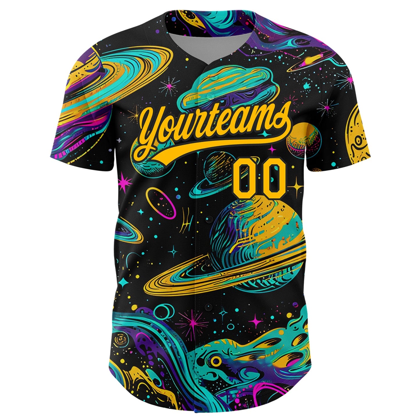 Custom Black Gold 3D Pattern Design Space With Planets And Stars Authentic Baseball Jersey view 2