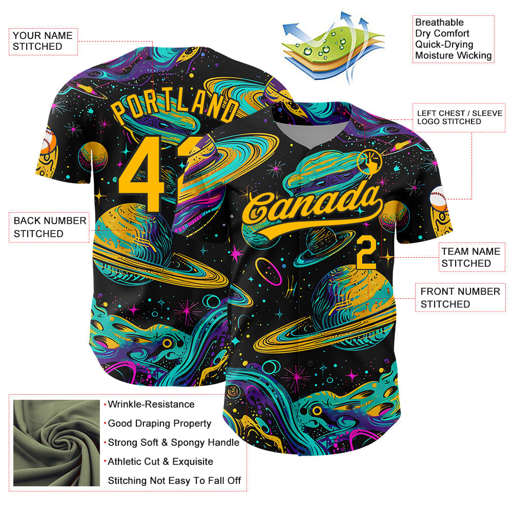 Custom Black Gold 3D Pattern Design Space With Planets And Stars Authentic Baseball Jersey view 3