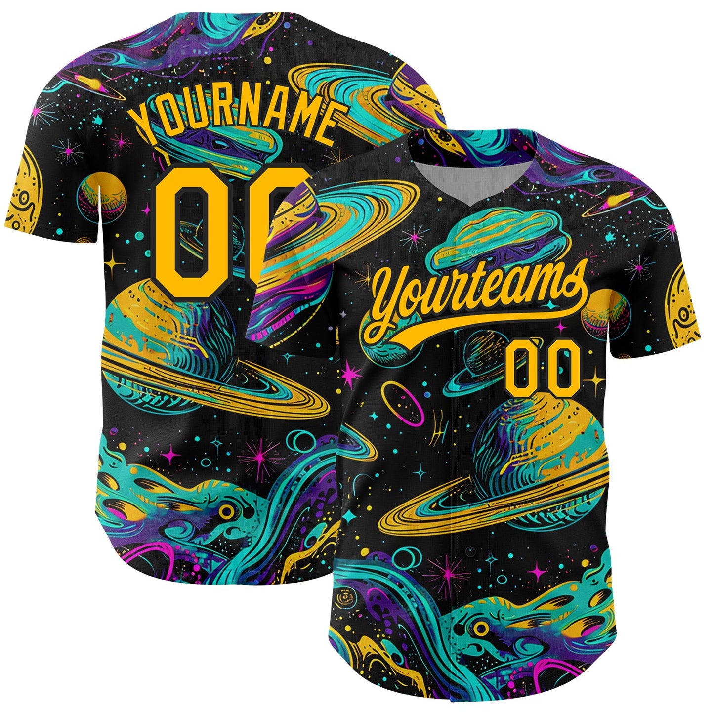Custom Black Gold 3D Pattern Design Space With Planets And Stars Authentic Baseball Jersey - Main View