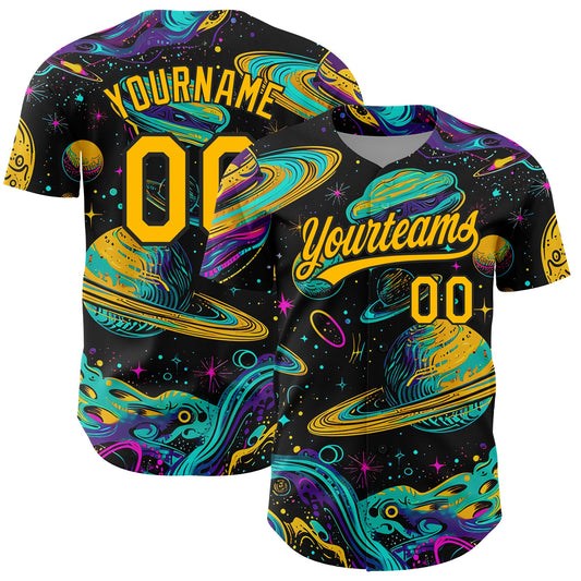 Custom Black Gold 3D Pattern Design Space With Planets And Stars Authentic Baseball Jersey - Main View