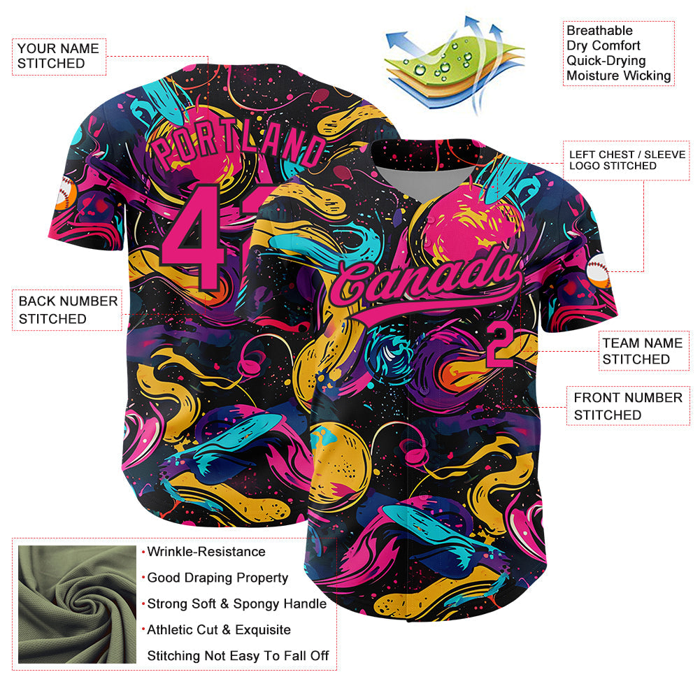 Custom Black Hot Pink 3D Pattern Design Abstract Painting Authentic Baseball Jersey view 3
