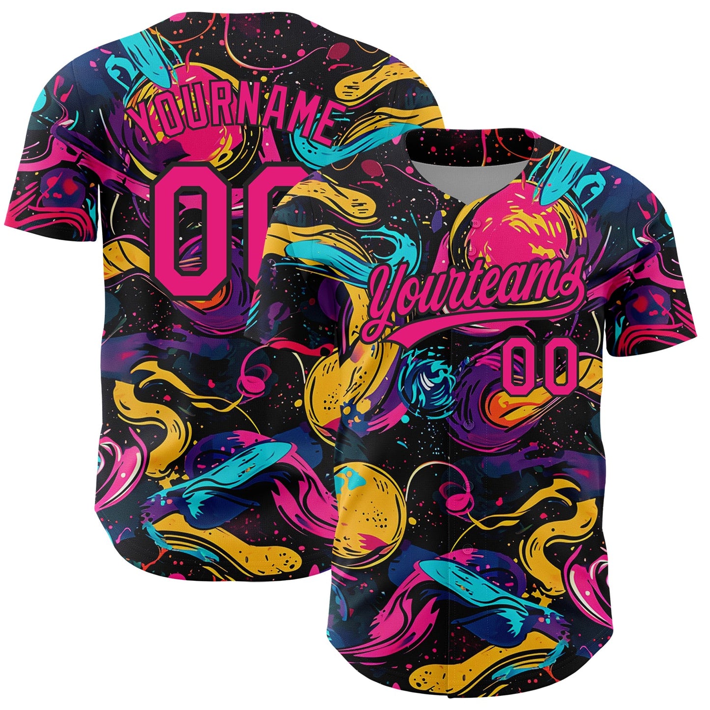 Custom Black Hot Pink 3D Pattern Design Abstract Painting Authentic Baseball Jersey - Main View