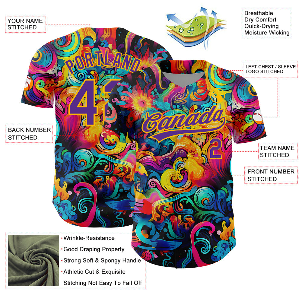 Custom Black Purple-Gold 3D Pattern Design Abstract Painting Authentic Baseball Jersey view 3