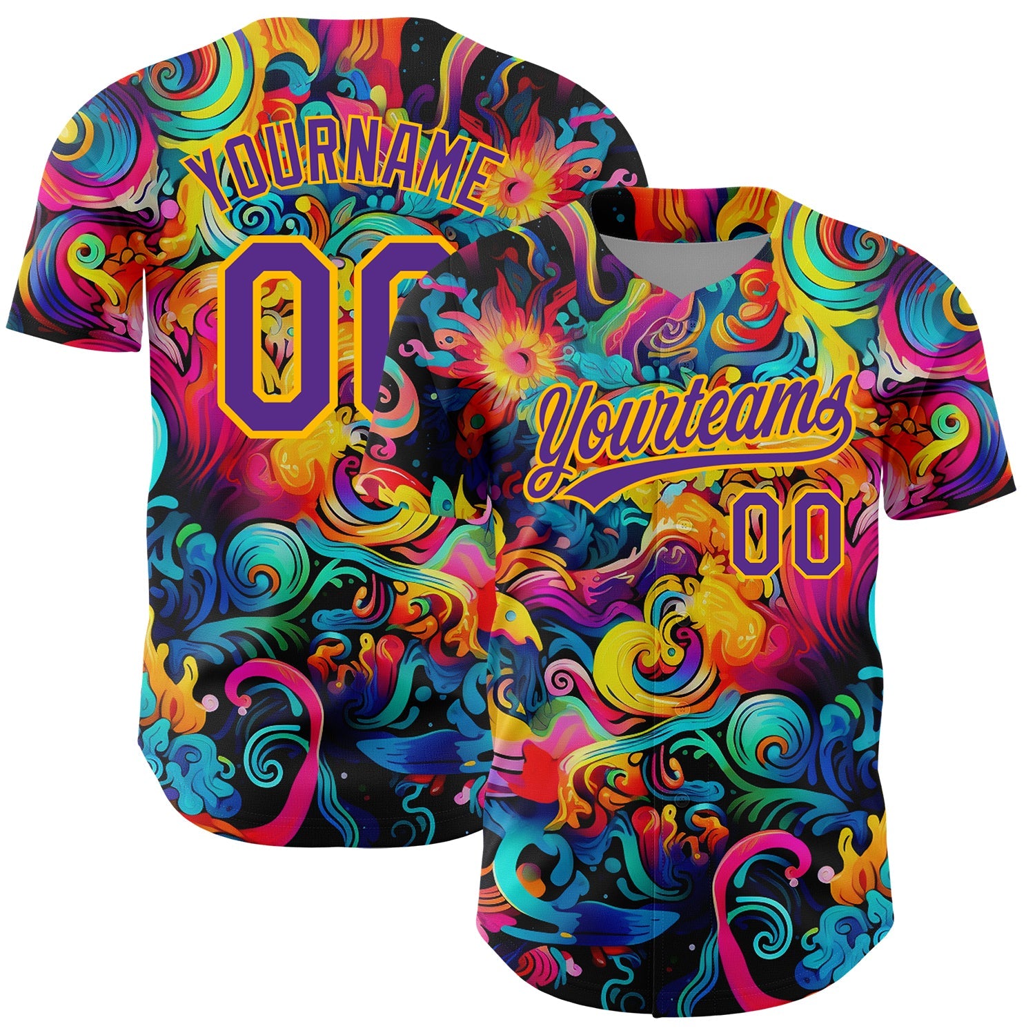 Custom Black Purple-Gold 3D Pattern Design Abstract Painting Authentic Baseball Jersey - Main View