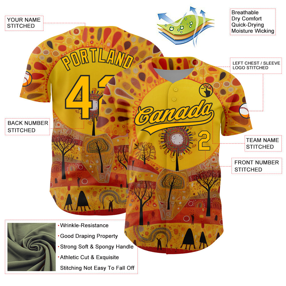 Custom Gold Black 3D Pattern Design Abstract Painting Authentic Baseball Jersey view 3
