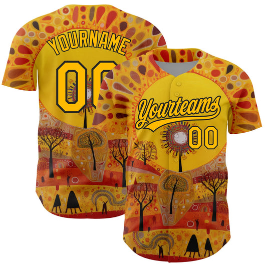Custom Gold Black 3D Pattern Design Abstract Painting Authentic Baseball Jersey - Main View