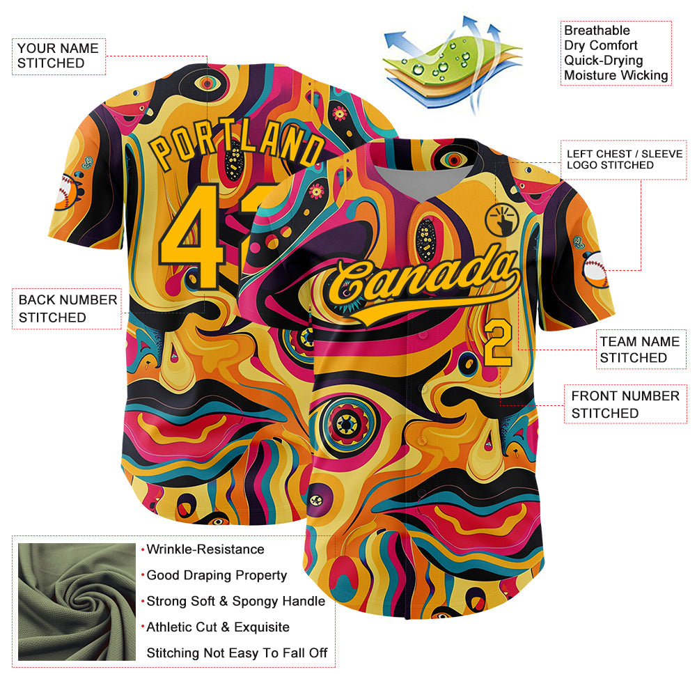 Custom Gold Black 3D Pattern Design Abstract Painting Authentic Baseball Jersey view 3
