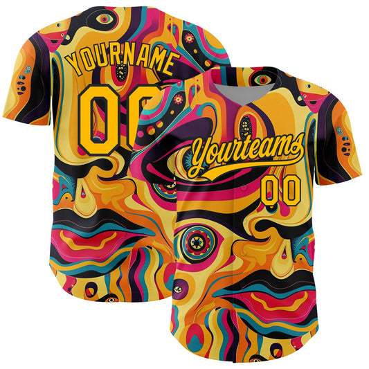 Custom Gold Black 3D Pattern Design Abstract Painting Authentic Baseball Jersey - Main View