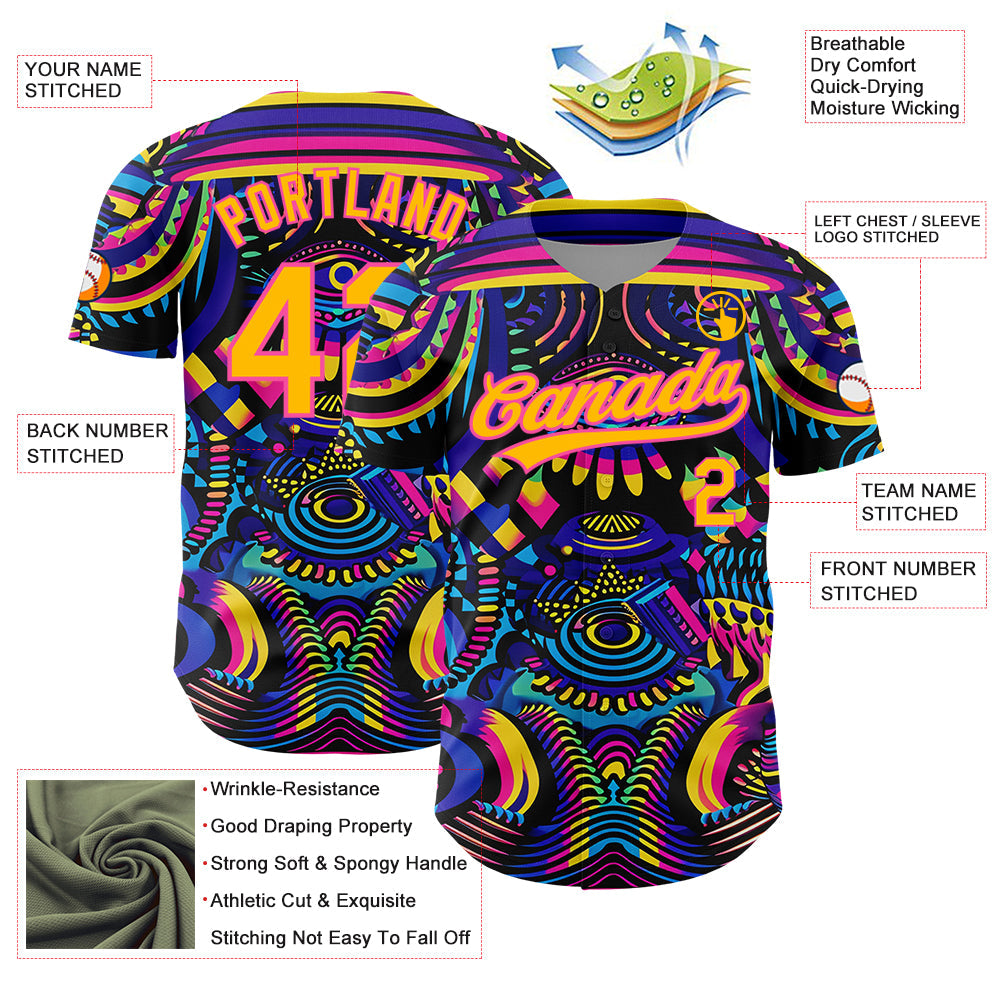 Custom Black Gold-Pink 3D Pattern Design Abstract Painting Authentic Baseball Jersey view 3