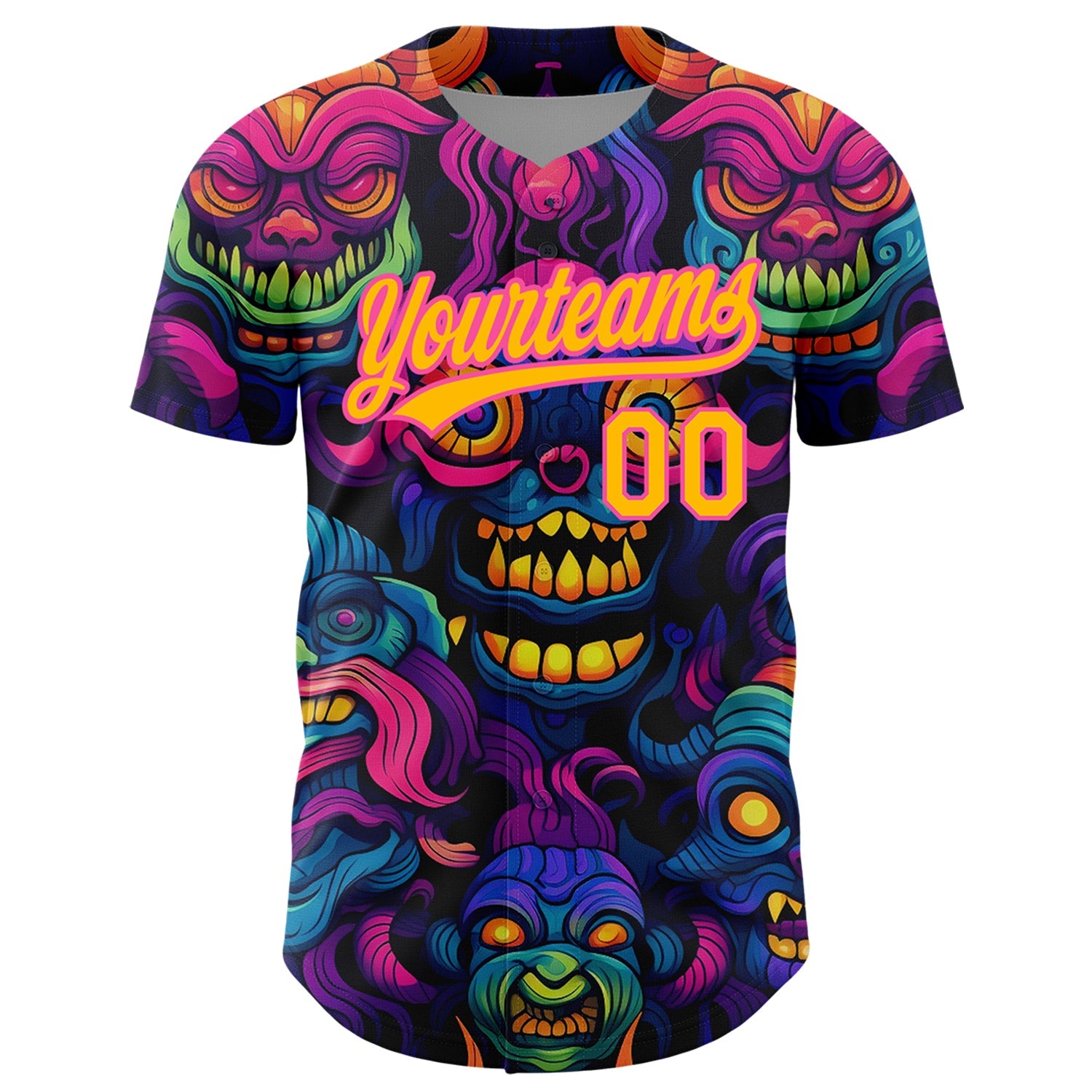 Custom Black Gold-Pink 3D Pattern Design Abstract Monsters Authentic Baseball Jersey view 2