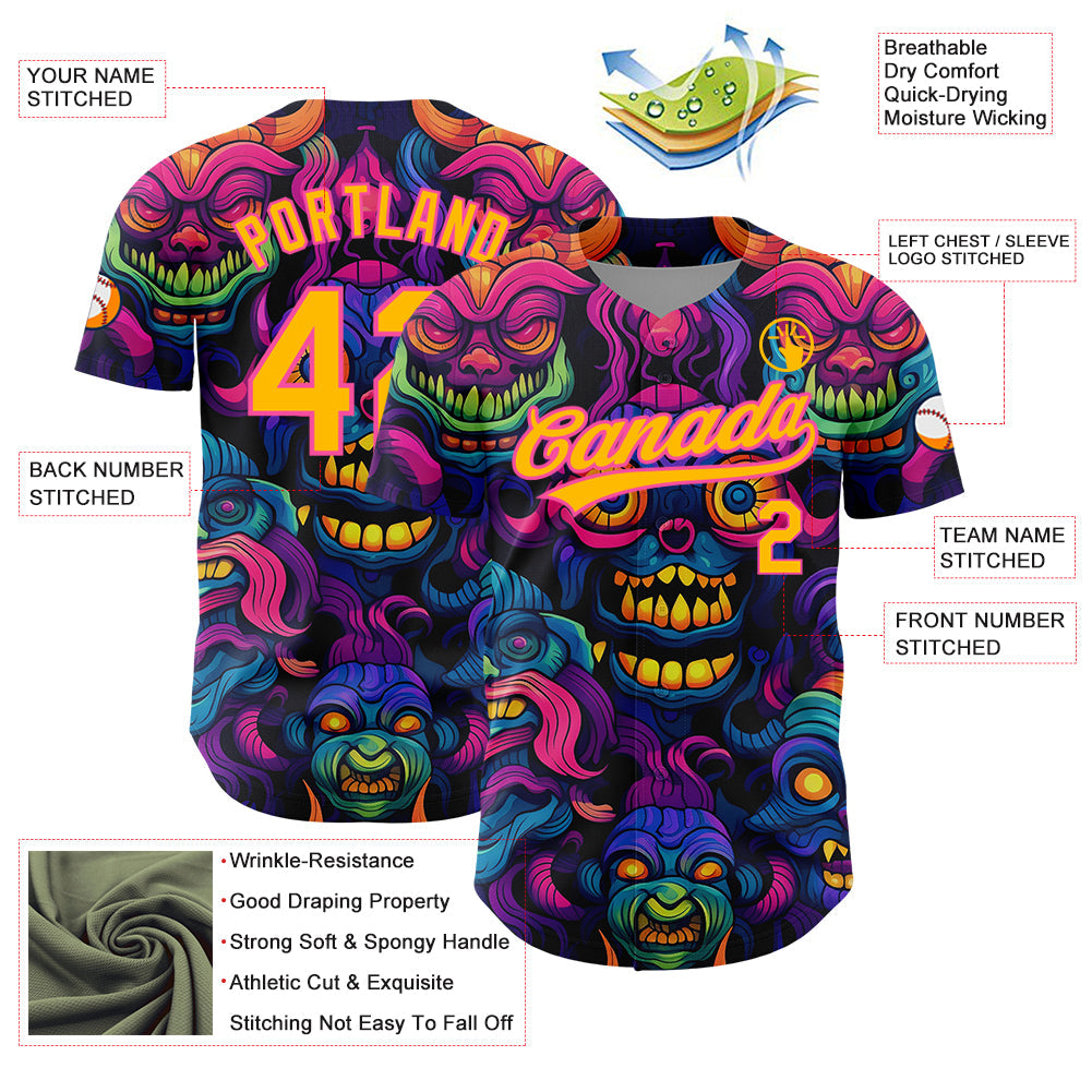 Custom Black Gold-Pink 3D Pattern Design Abstract Monsters Authentic Baseball Jersey view 3