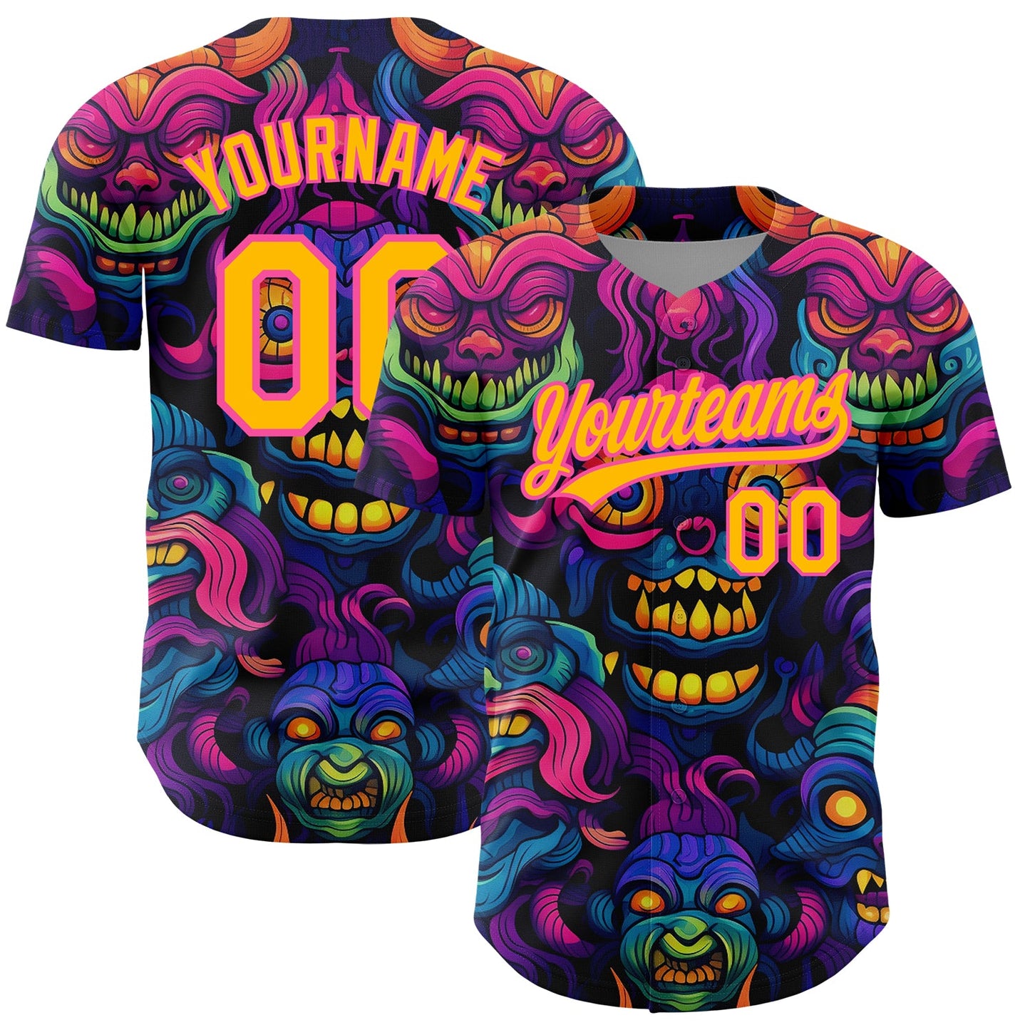 Custom Black Gold-Pink 3D Pattern Design Abstract Monsters Authentic Baseball Jersey - Main View