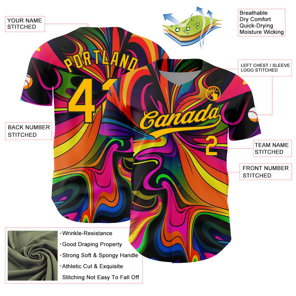 Custom Black Gold 3D Pattern Design Abstract Painting Authentic Baseball Jersey view 3
