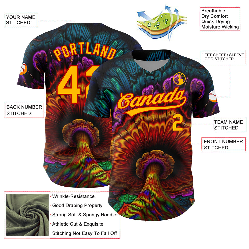 Custom Black Gold-Red 3D Pattern Design Peacock With Feather Authentic Baseball Jersey view 3