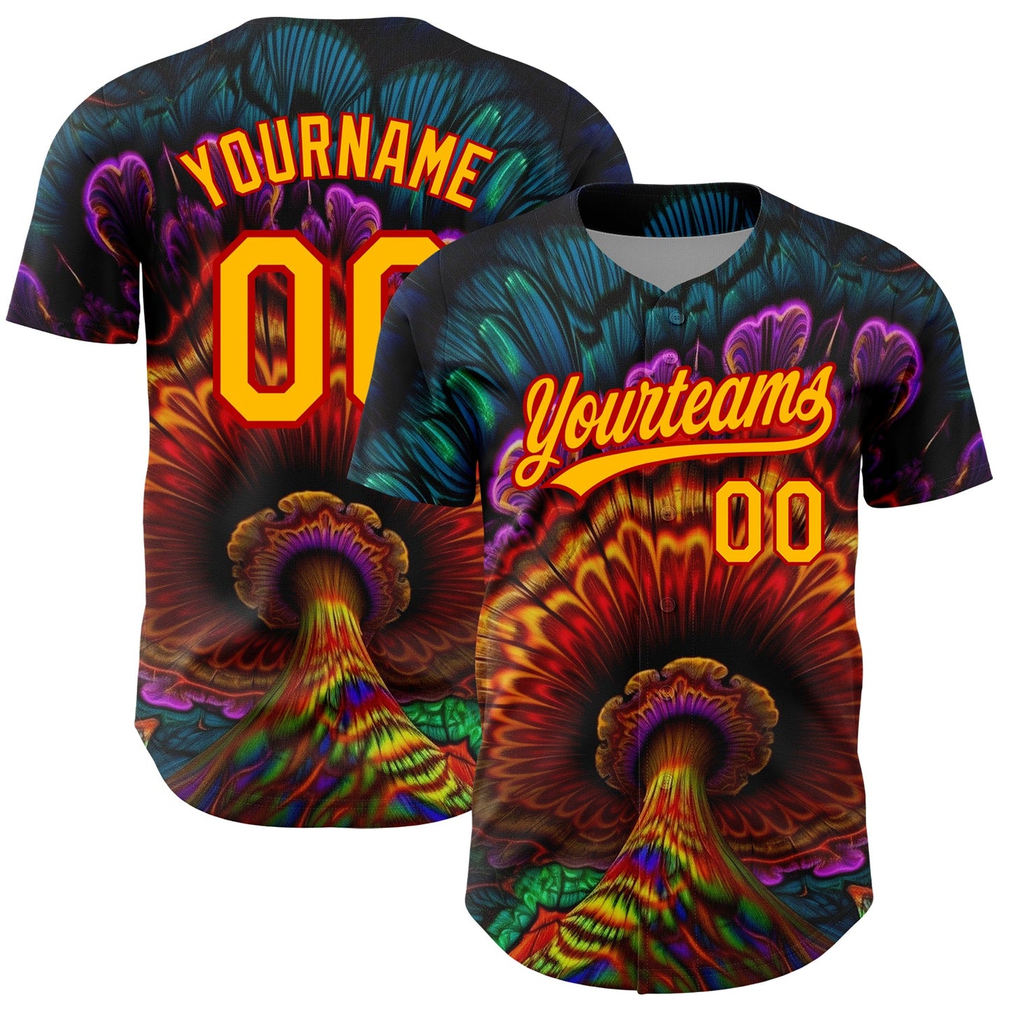 Custom Black Gold-Red 3D Pattern Design Peacock With Feather Authentic Baseball Jersey - Main View