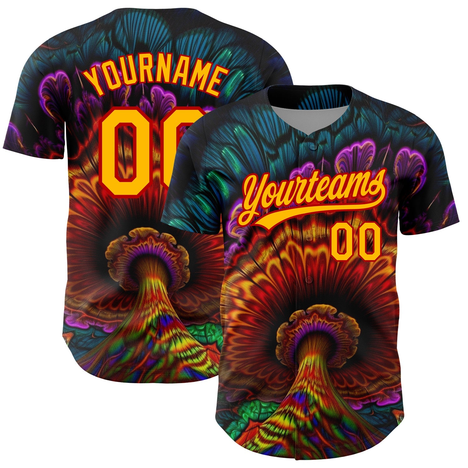 Custom Black Gold-Red 3D Pattern Design Peacock With Feather Authentic Baseball Jersey - Main View