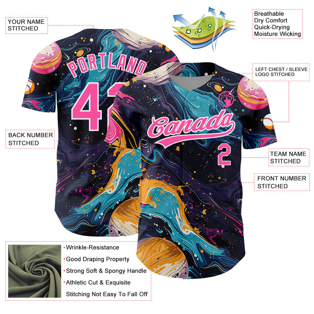 Custom Black Pink-White 3D Pattern Design Abstract Liquid Painting Authentic Baseball Jersey view 3