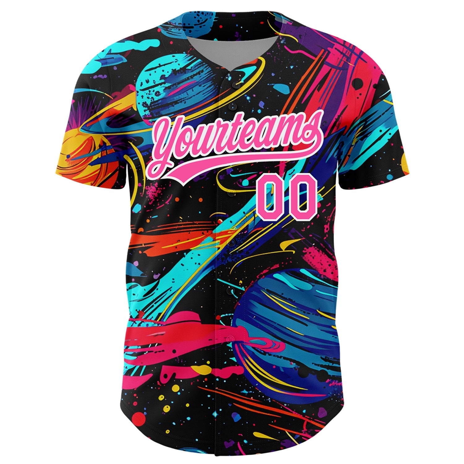 Custom Black Pink-White 3D Pattern Design Space With Planets And Rockets Authentic Baseball Jersey view 2