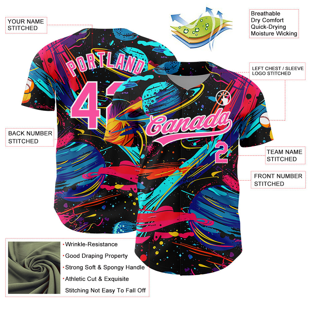 Custom Black Pink-White 3D Pattern Design Space With Planets And Rockets Authentic Baseball Jersey view 3