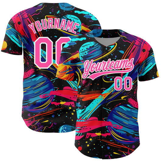 Custom Black Pink-White 3D Pattern Design Space With Planets And Rockets Authentic Baseball Jersey - Main View