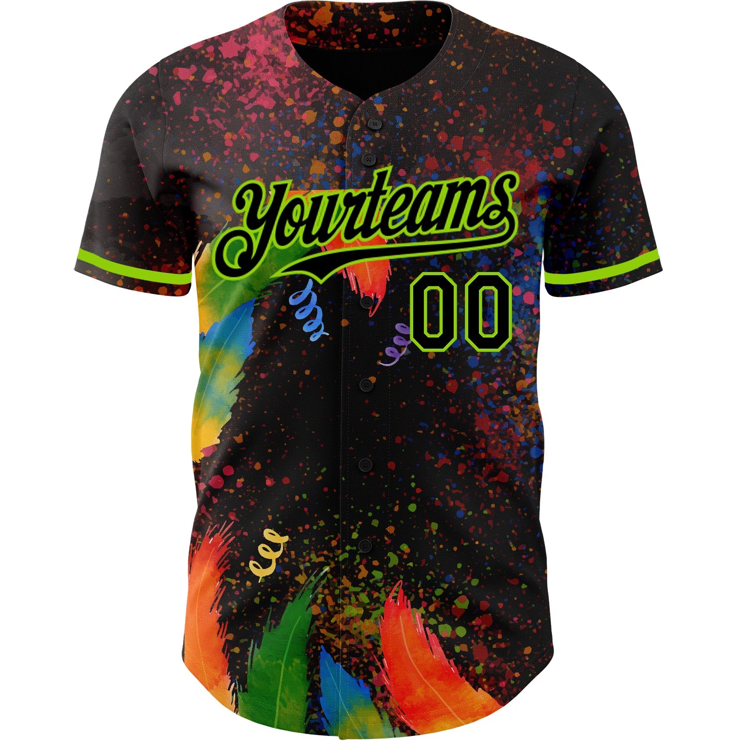 Custom Black Neon Green 3D Pattern Design Holi Festival Color Powder Authentic Baseball Jersey view 2