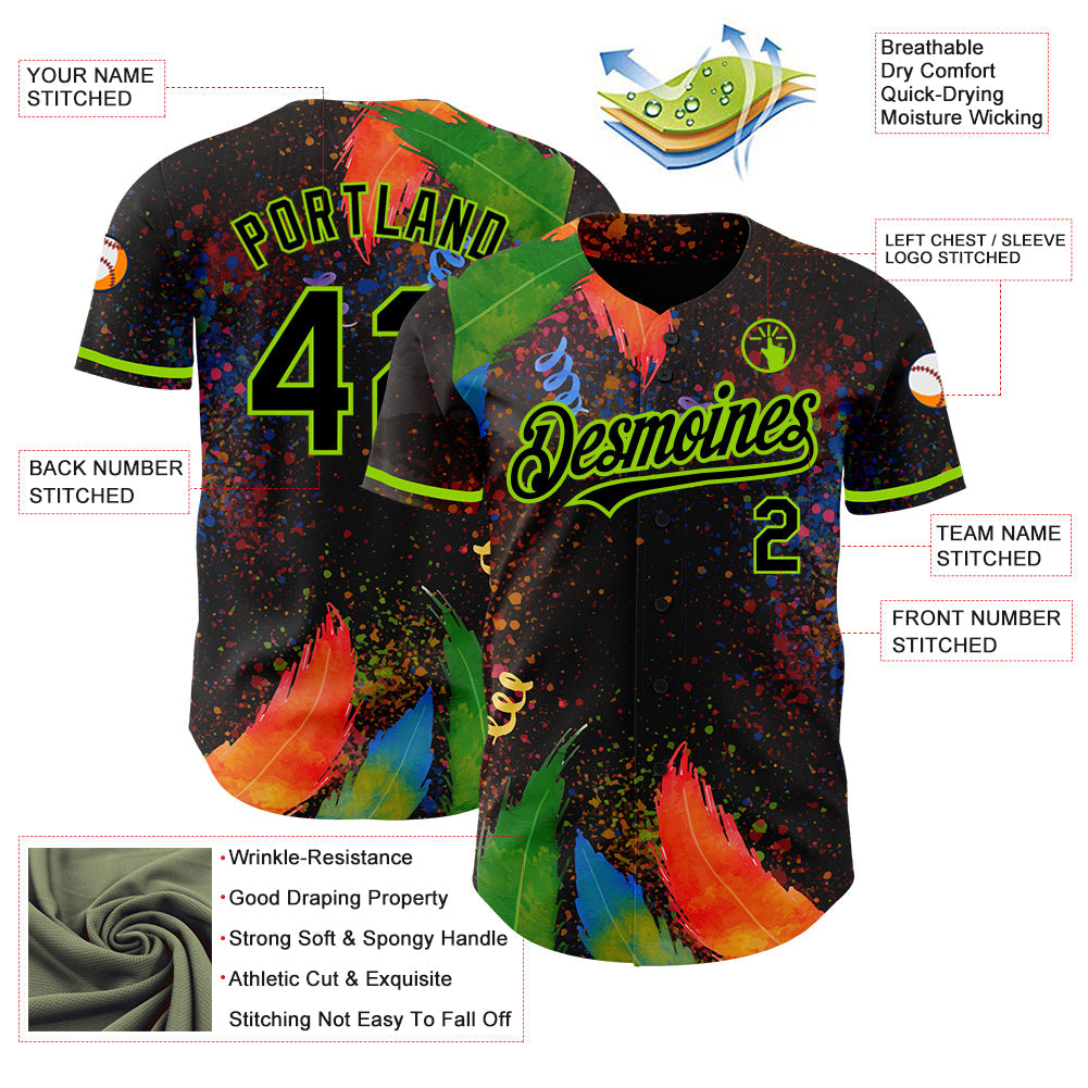 Custom Black Neon Green 3D Pattern Design Holi Festival Color Powder Authentic Baseball Jersey view 3