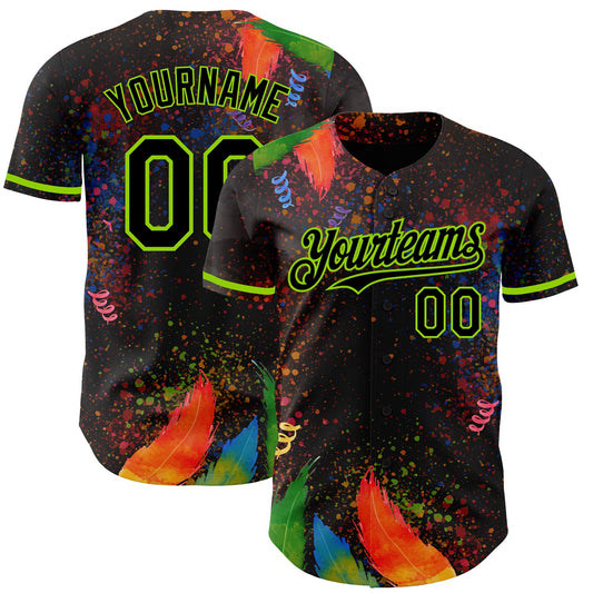 Custom Black Neon Green 3D Pattern Design Holi Festival Color Powder Authentic Baseball Jersey - Main View