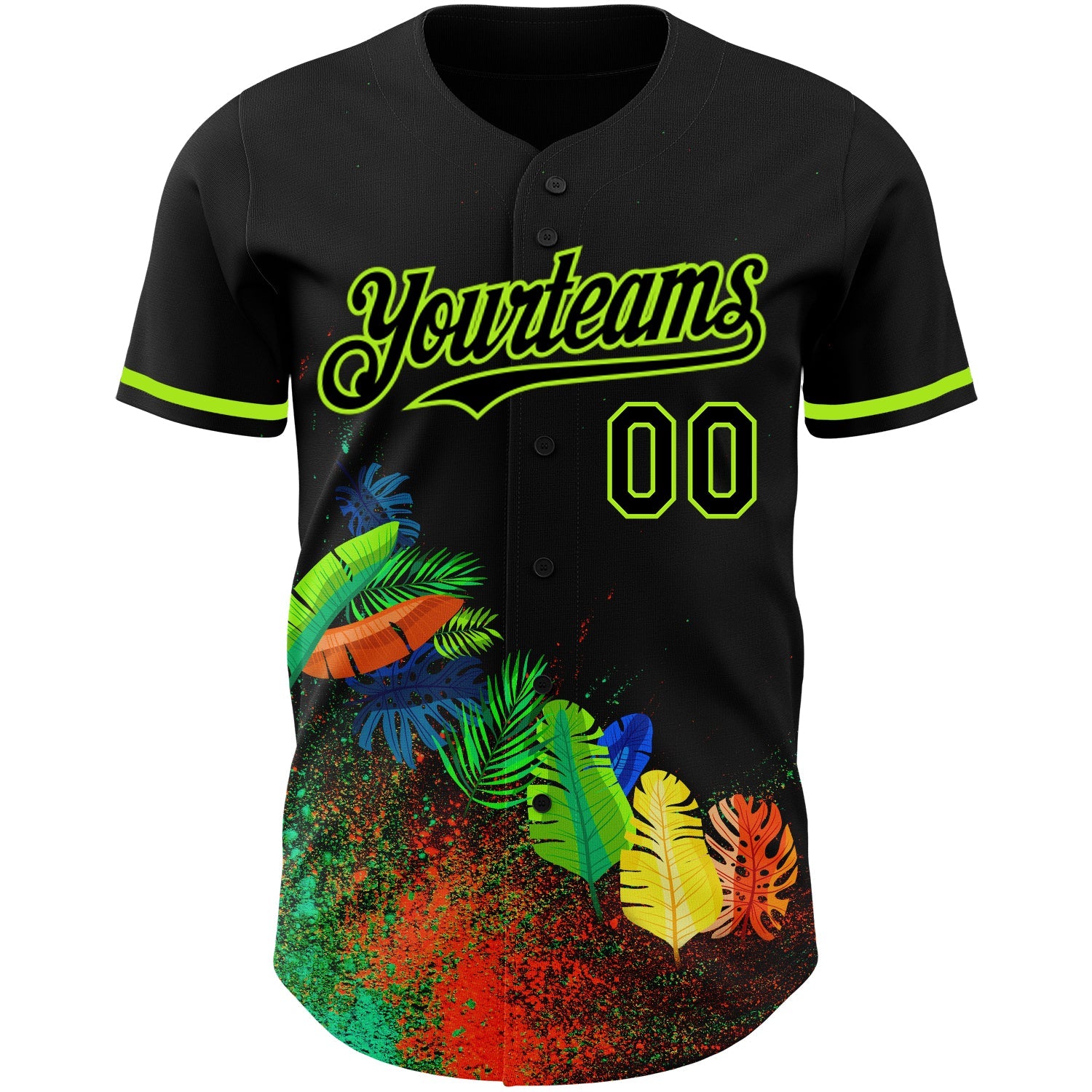 Custom Black Neon Green 3D Pattern Design Holi Festival Color Powder Authentic Baseball Jersey view 2