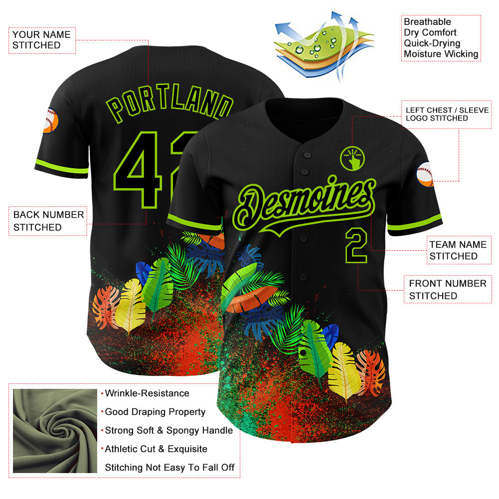 Custom Black Neon Green 3D Pattern Design Holi Festival Color Powder Authentic Baseball Jersey view 3