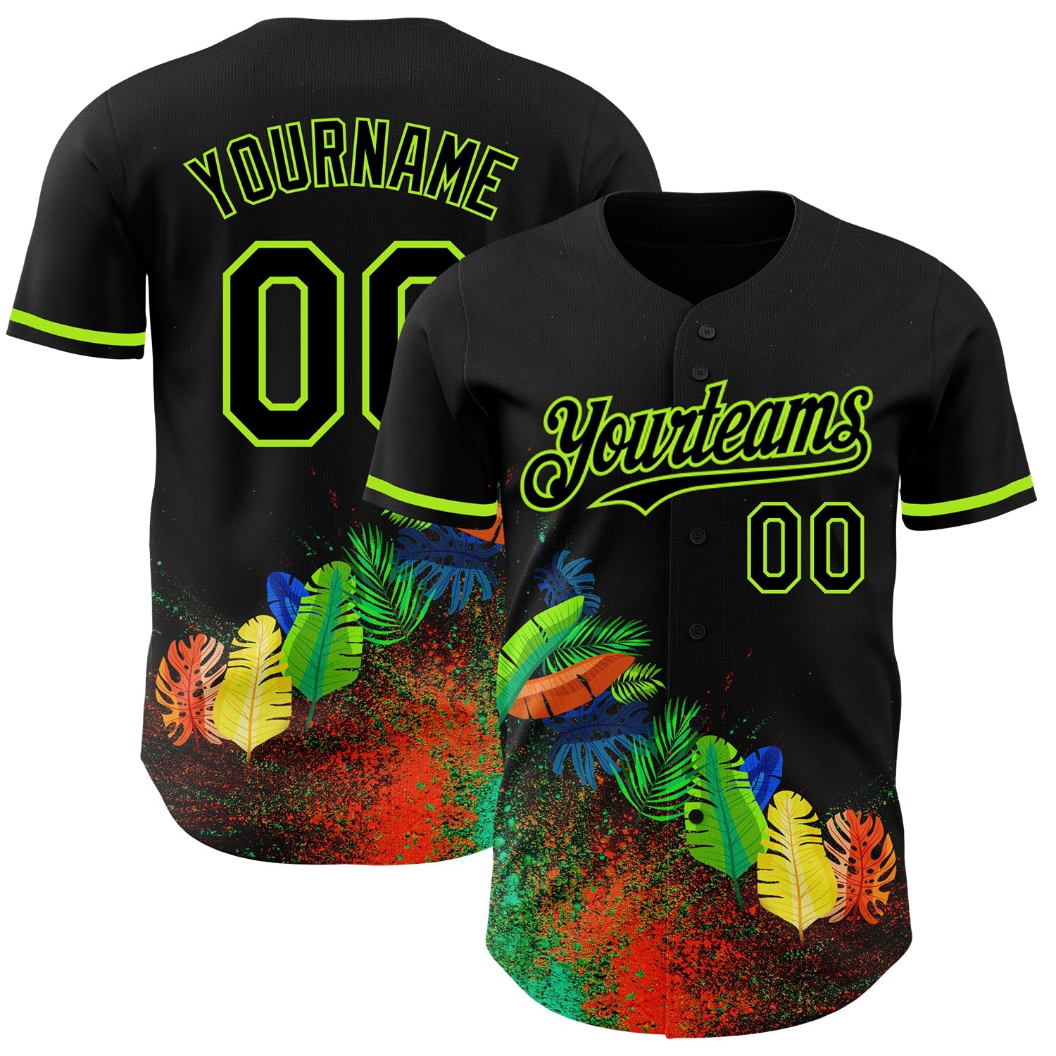 Custom Black Neon Green 3D Pattern Design Holi Festival Color Powder Authentic Baseball Jersey - Main View