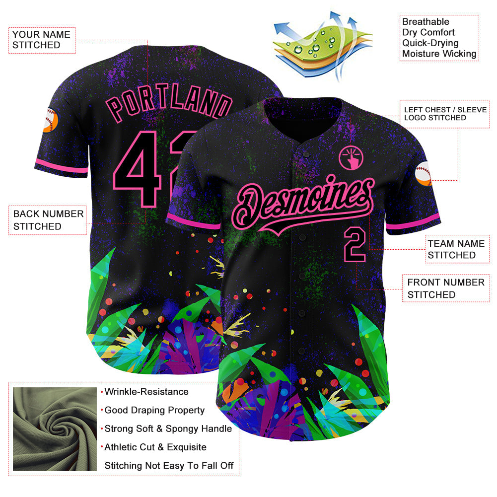 Custom Black Pink 3D Pattern Design Holi Festival Color Powder Authentic Baseball Jersey view 3