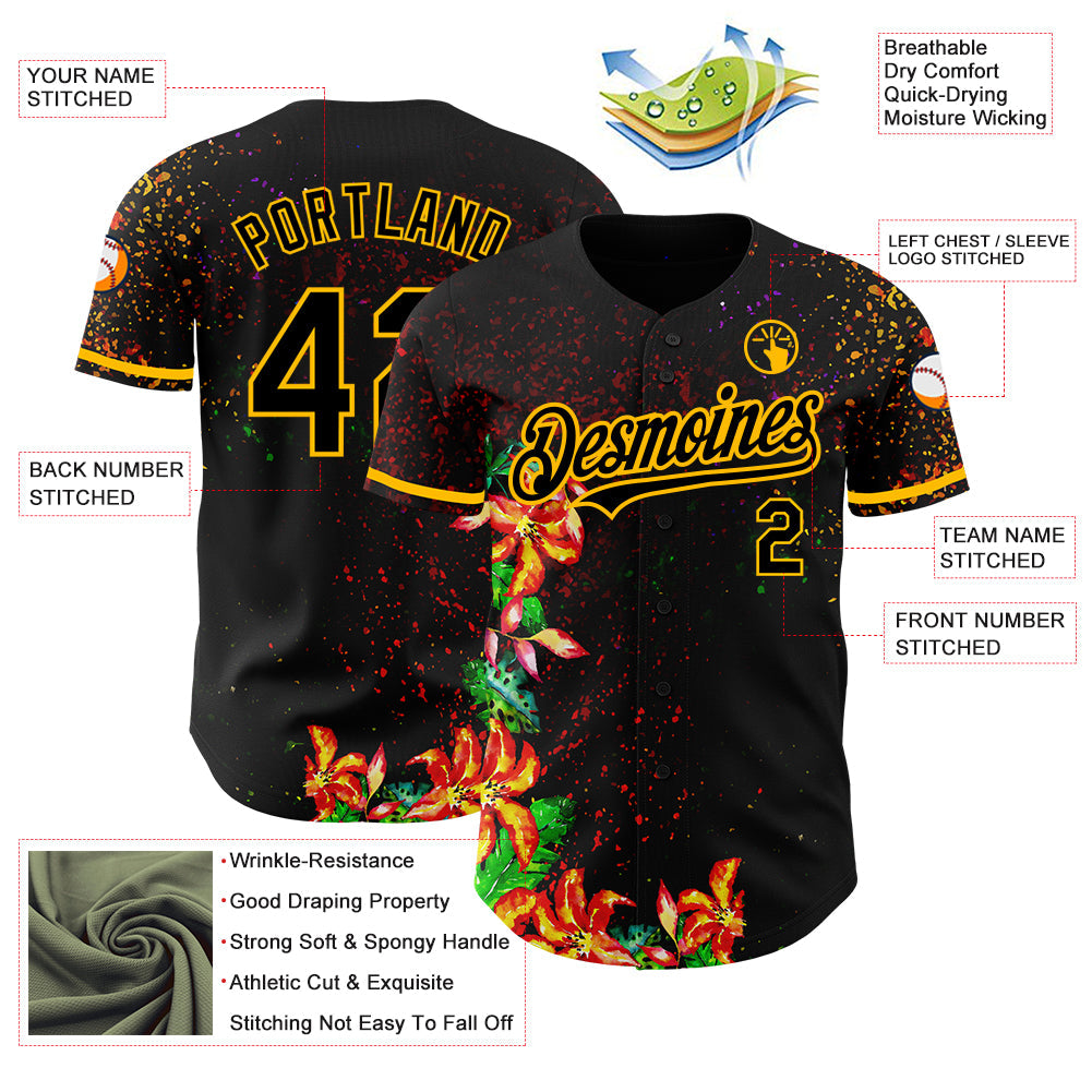 Custom Black Gold 3D Pattern Design Holi Festival Color Powder Authentic Baseball Jersey view 3