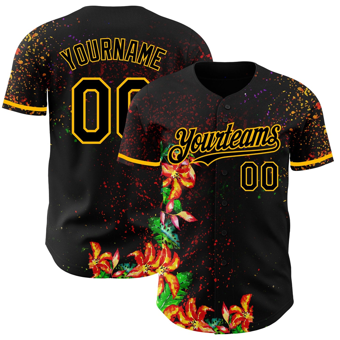 Custom Black Gold 3D Pattern Design Holi Festival Color Powder Authentic Baseball Jersey - Main View