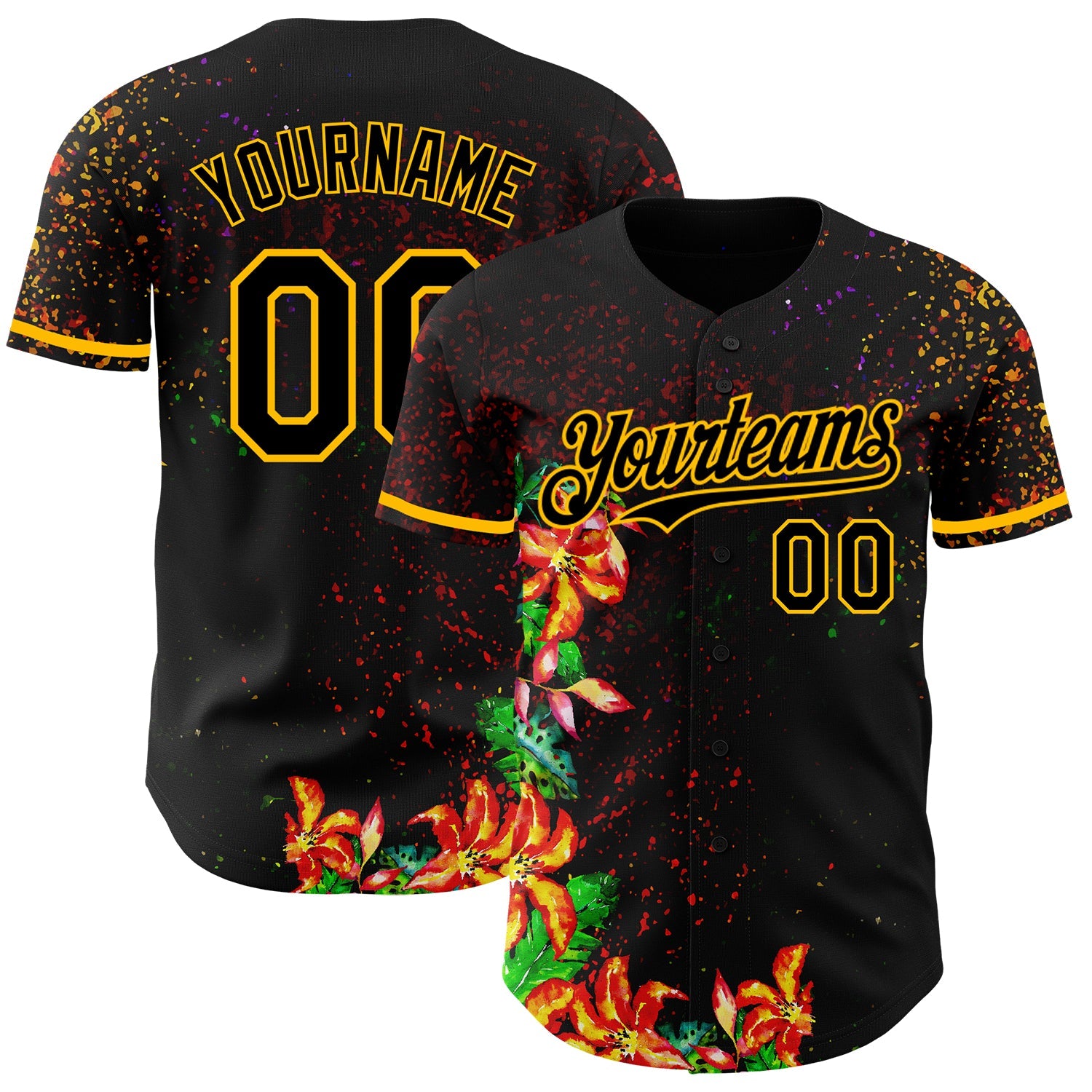 Custom Black Gold 3D Pattern Design Holi Festival Color Powder Authentic Baseball Jersey - Main View