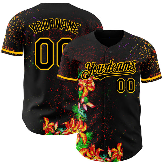 Custom Black Gold 3D Pattern Design Holi Festival Color Powder Authentic Baseball Jersey - Main View