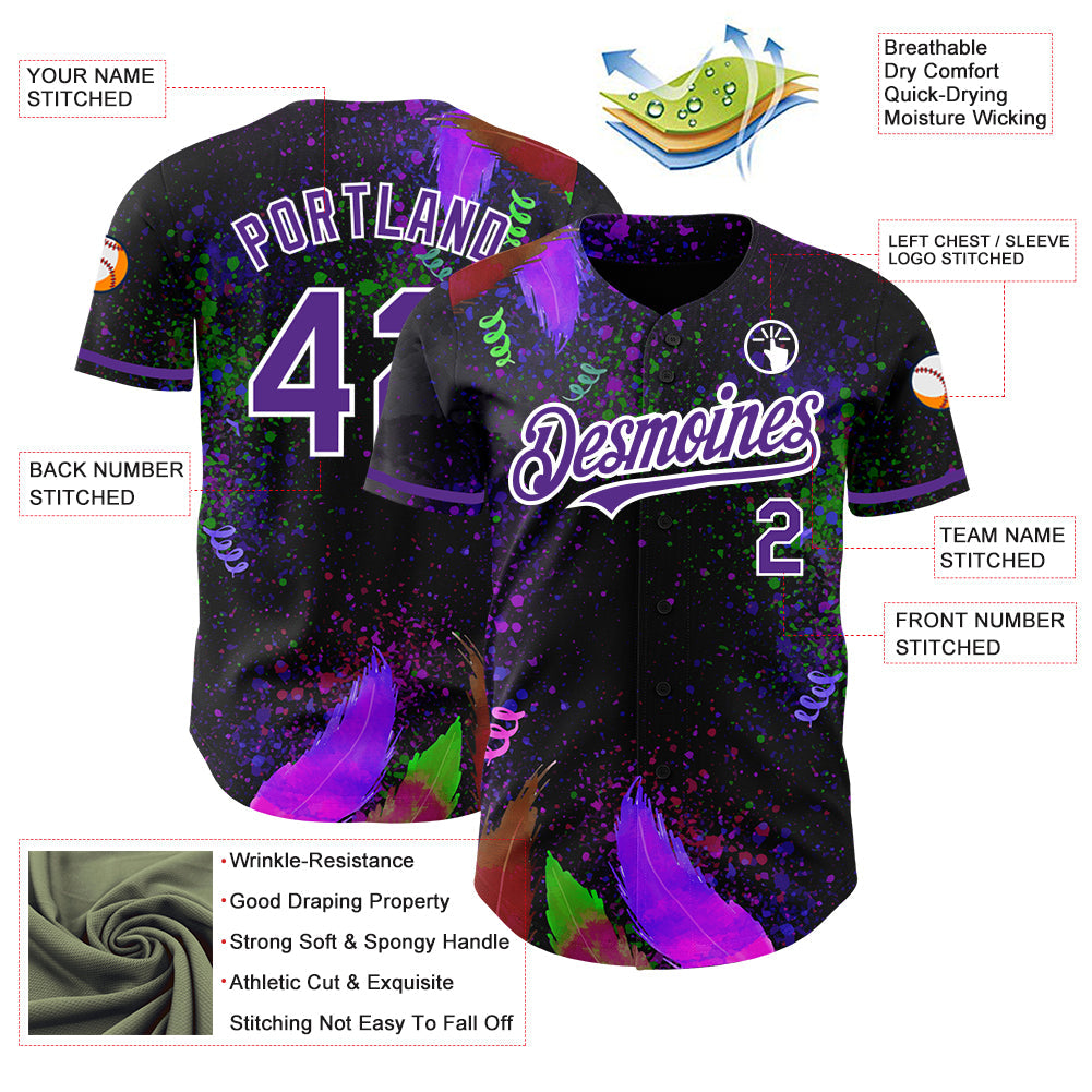 Custom Black Purple-White 3D Pattern Design Holi Festival Color Powder Authentic Baseball Jersey view 3