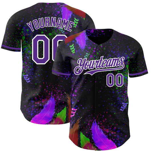 Custom Black Purple-White 3D Pattern Design Holi Festival Color Powder Authentic Baseball Jersey - Main View