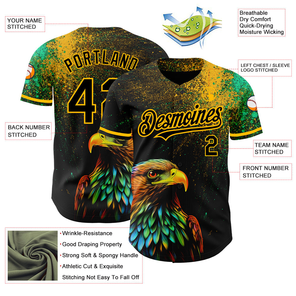 Custom Black Gold 3D Pattern Design Holi Festival Color Powder Authentic Baseball Jersey view 3