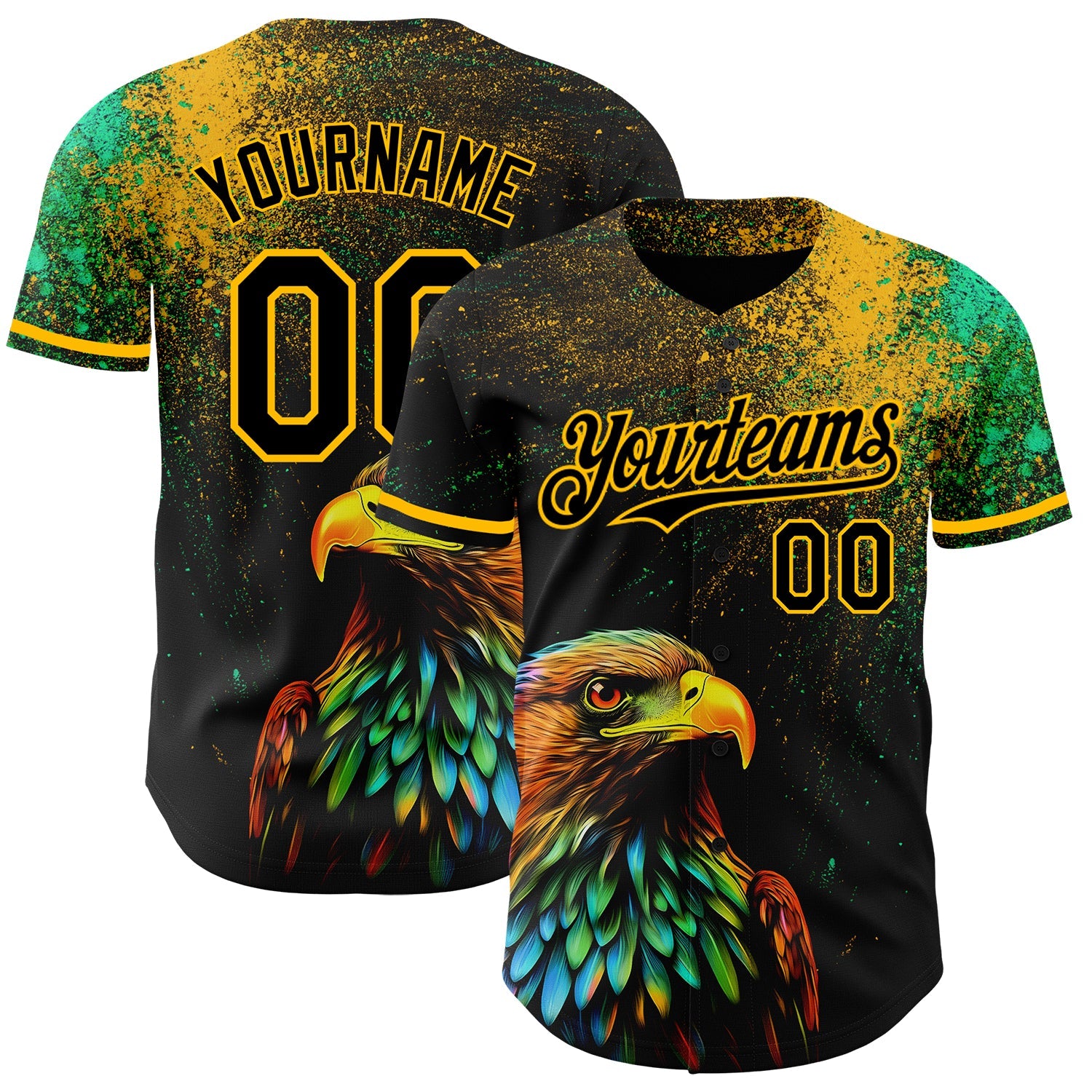 Custom Black Gold 3D Pattern Design Holi Festival Color Powder Authentic Baseball Jersey - Main View
