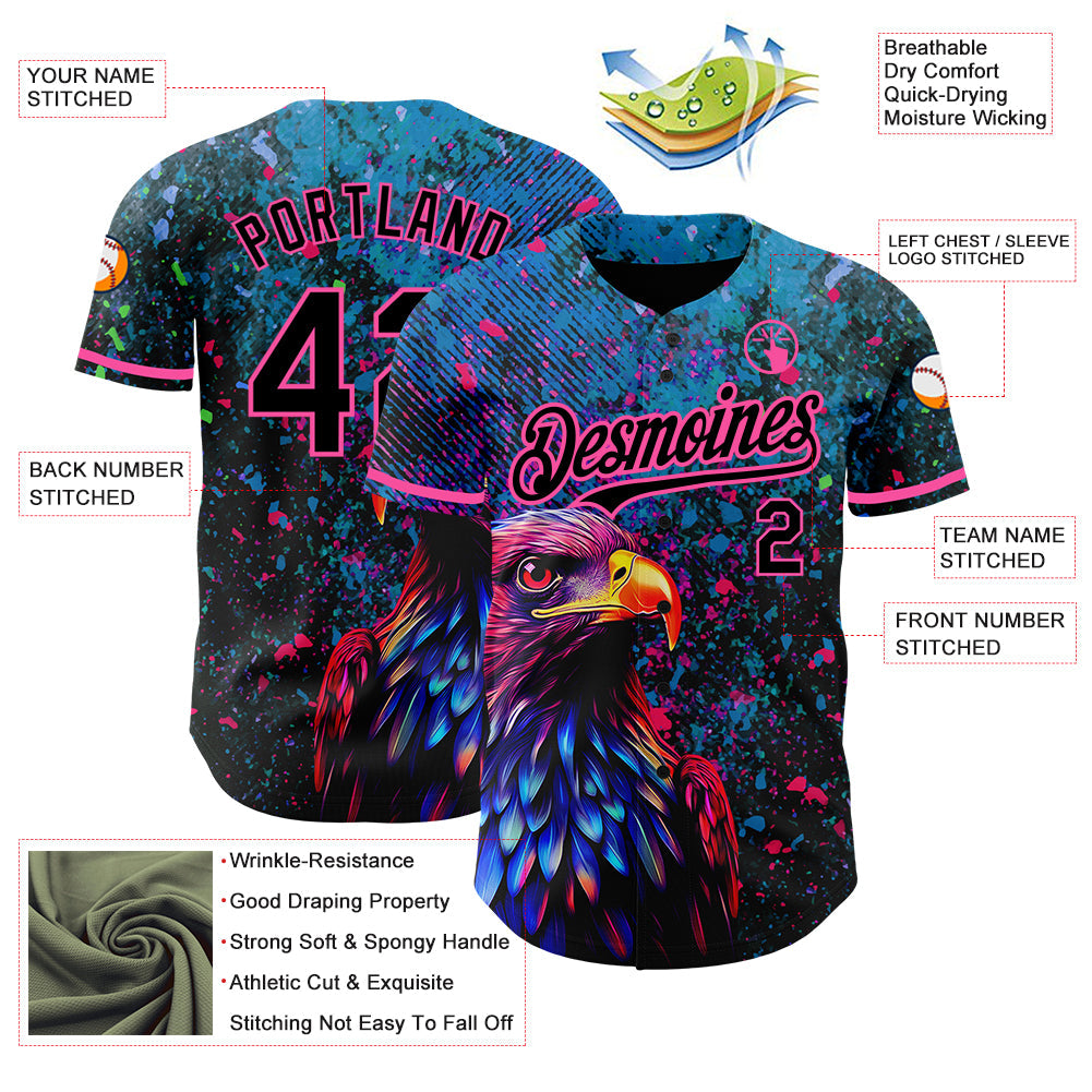 Custom Black Pink 3D Pattern Design Holi Festival Color Powder Authentic Baseball Jersey view 4