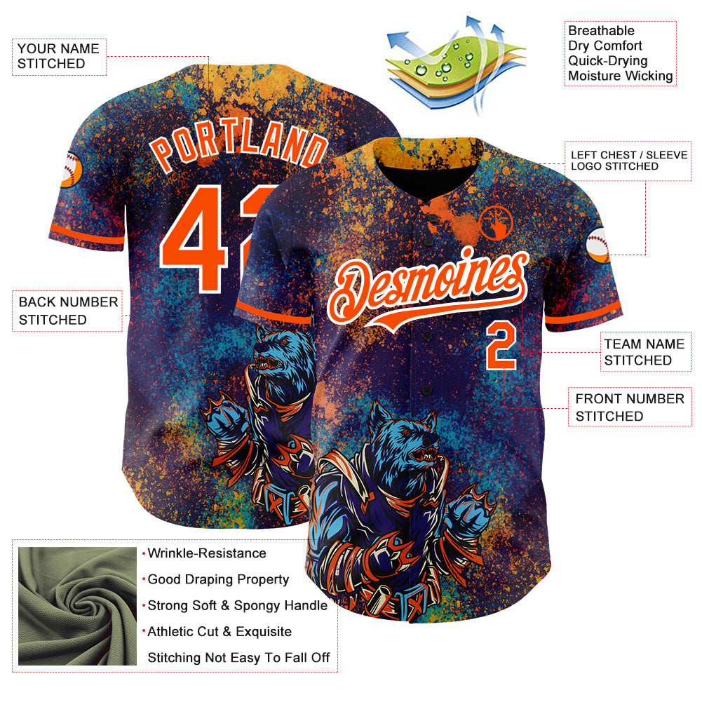 Custom Purple Orange-White 3D Pattern Design Holi Festival Color Powder Authentic Baseball Jersey view 3