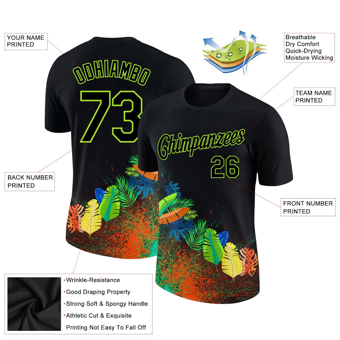 Custom Black Neon Green 3D Pattern Design Holi Festival Color Powder Performance T-Shirt view 2