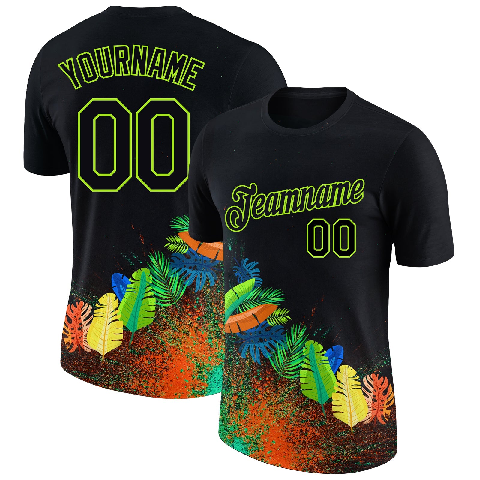 Custom Black Neon Green 3D Pattern Design Holi Festival Color Powder Performance T-Shirt - Main View