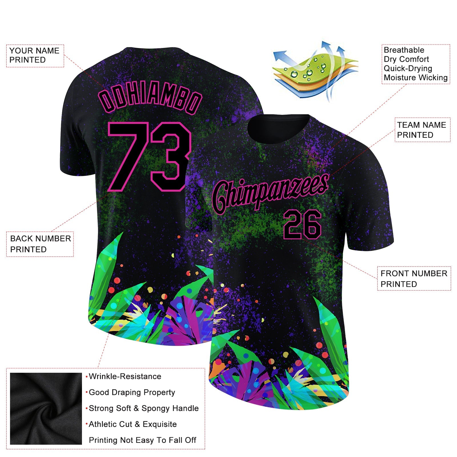 Custom Black Pink 3D Pattern Design Holi Festival Color Powder Performance T-Shirt view 2