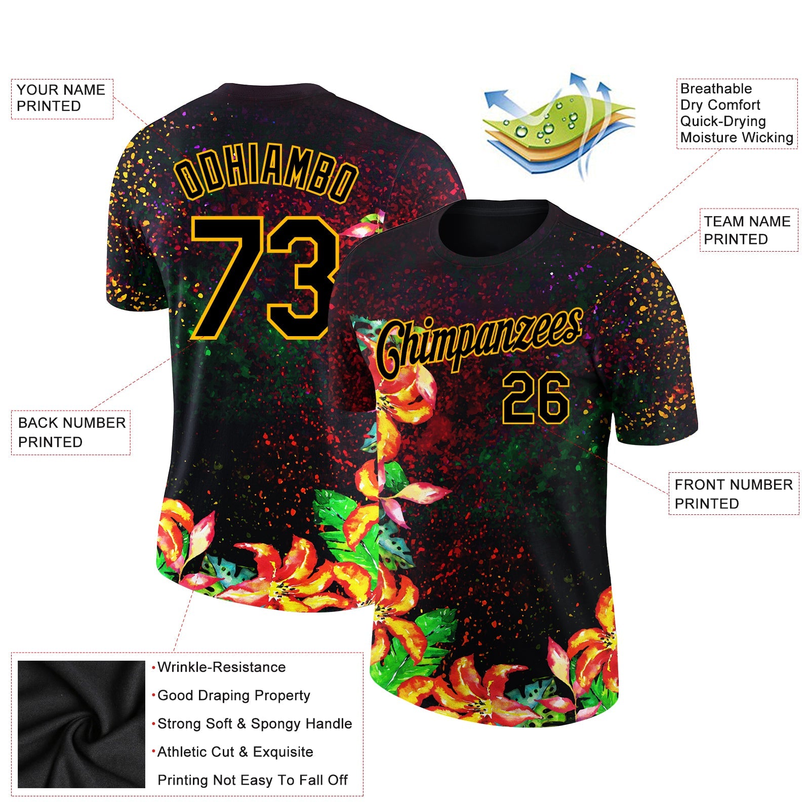 Custom Black Gold 3D Pattern Design Holi Festival Color Powder Performance T-Shirt view 2