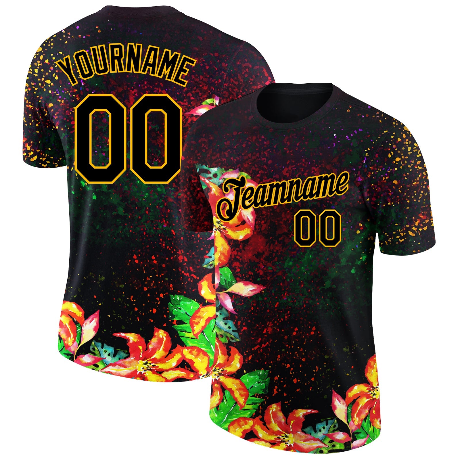 Custom Black Gold 3D Pattern Design Holi Festival Color Powder Performance T-Shirt - Main View
