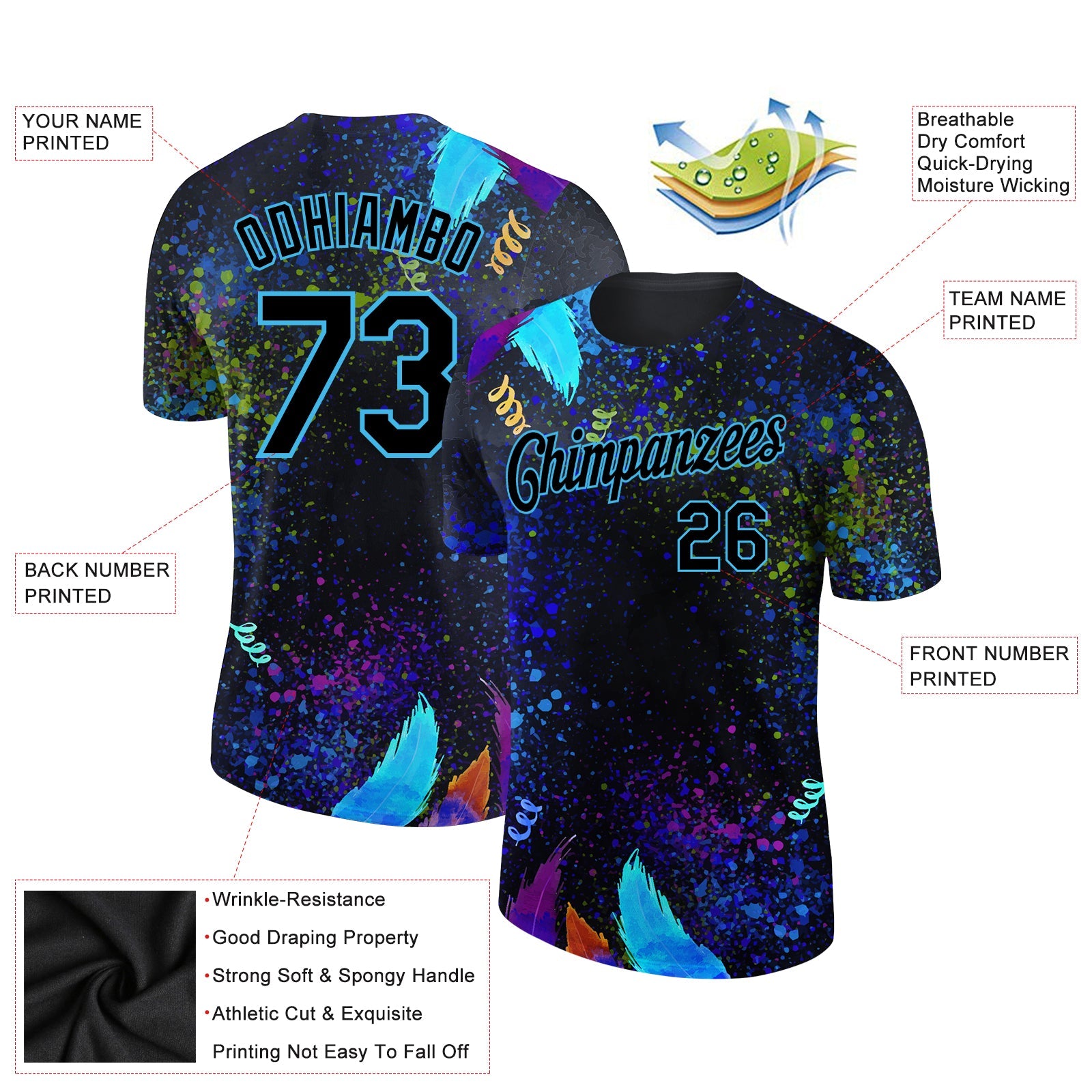 Custom Black Sky Blue 3D Pattern Design Holi Festival Color Powder Performance T-Shirt view 2