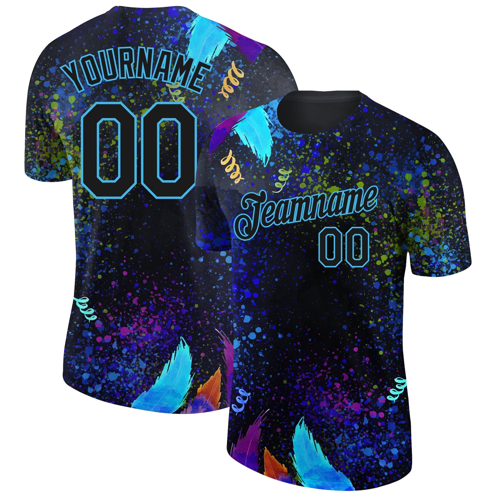 Custom Black Sky Blue 3D Pattern Design Holi Festival Color Powder Performance T-Shirt - Main View